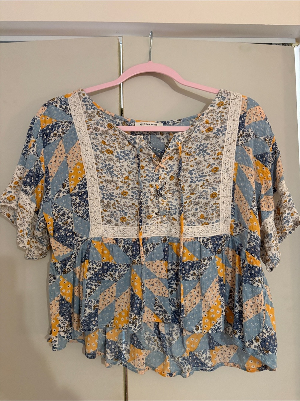 American Eagle Outfitters Blue & Mustard Floral Patchwork Peasant Top